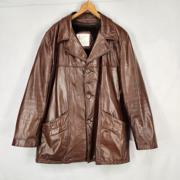 London Fog  Men's Sz 44 R Brown Leather Overcoat Jacket Lined Vintage 70s 80s - Picture 1 of 12